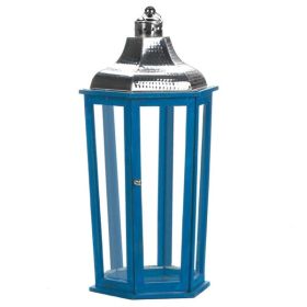 Nikki Chu Blue Wood Candle Lantern with Stainless Steel Top - 24 inches