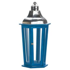 Nikki Chu Blue Wood Candle Lantern with Stainless Steel Top - 20 inches