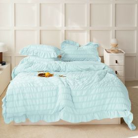 4 Season Seersucker Comforter Set Soft Breathable Ruffle Bedding Set 2/3 Pieces (Color: Blue, size: King)