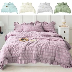 4 Season Seersucker Comforter Set Soft Breathable Ruffle Bedding Set 2/3 Pieces (Color: purple, size: Queen)