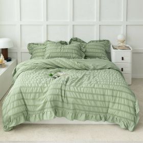 4 Season Seersucker Comforter Set Soft Breathable Ruffle Bedding Set 2/3 Pieces (Color: Green, size: King)